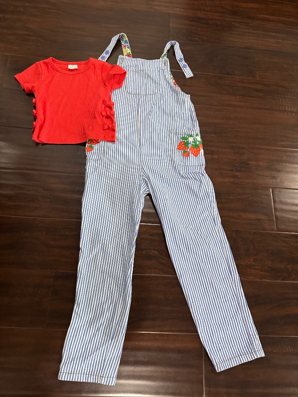 Denim embroidered overall with red top